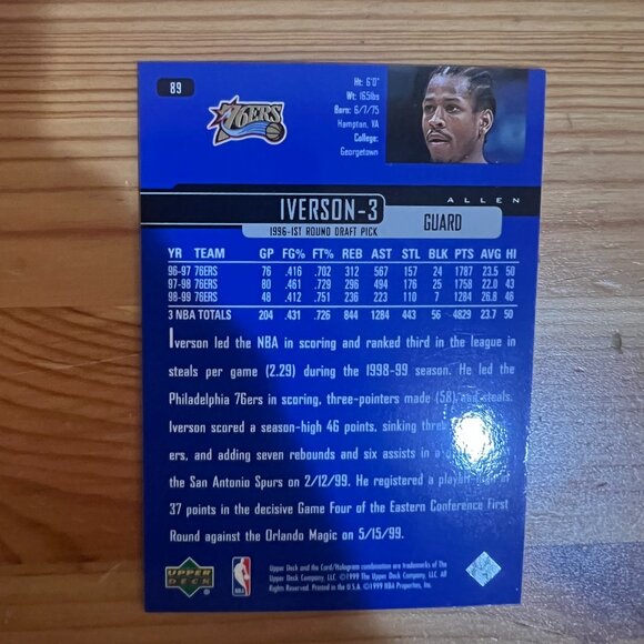1999-00 Upper Deck #89 Allen Iverson Philadelphia 76ers - Picture 2 of 2